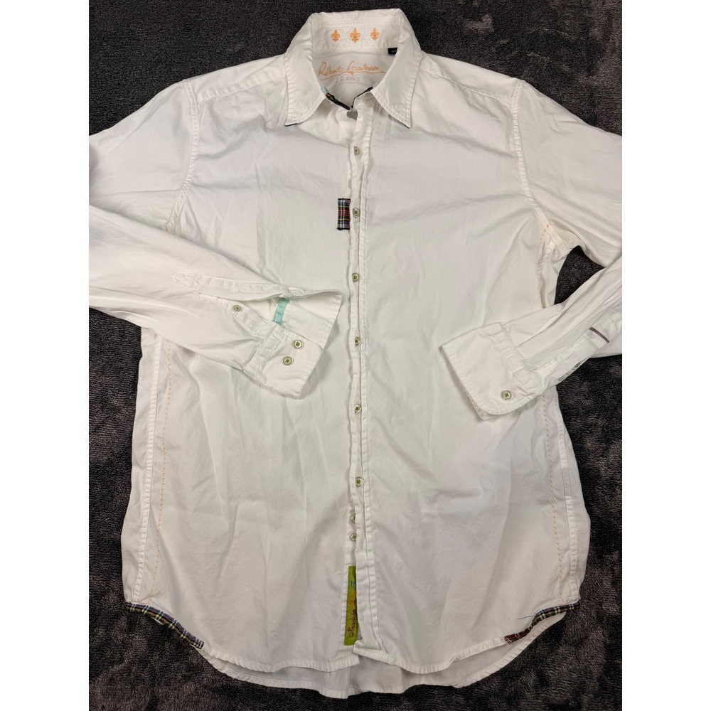 Robert Graham Jeans Mens White Button Down Shirt Fleur De Lis Plaid Trim Size M